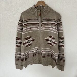 Frye Men's Mock Neck Full Zip Knit Cardigan Sweater Tan Size Large Aztec Design